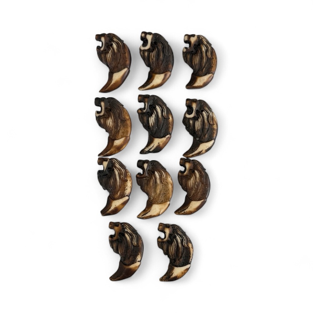 Lion Head Fang Beads Or Pendants– Lot of 11 – Resin/Plastic Carvings